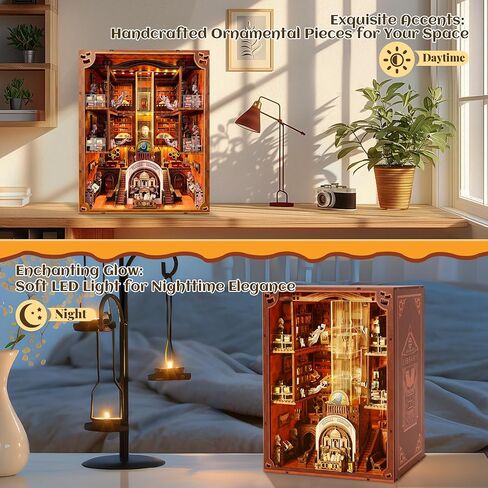 Book Nook Kit - DIY Miniature Dollhouse with LED Lights for Adults & Teens, Fantasy Tarot-Themed 3D Wooden Bookshelf Decor, for Craft Lovers in Saudi Arabia