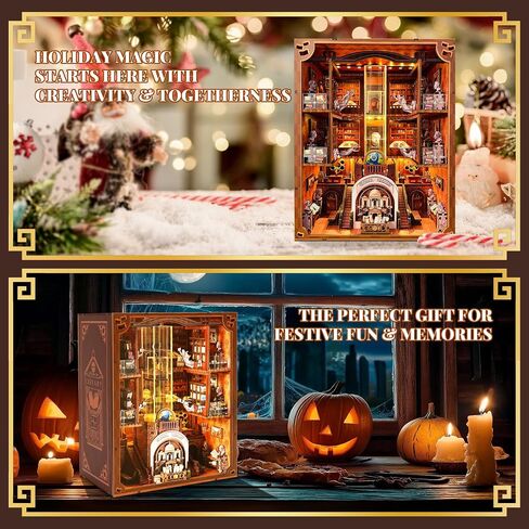 Book Nook Kit - DIY Miniature Dollhouse with LED Lights for Adults & Teens, Fantasy Tarot-Themed 3D Wooden Bookshelf Decor, for Craft Lovers in Saudi Arabia