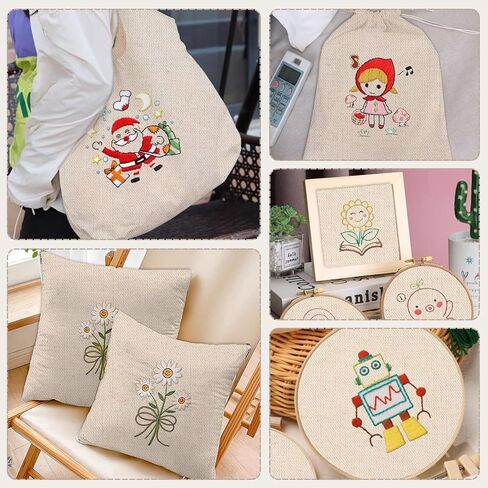16 PCS Embroidery Fabric, Pre-Cut Beige Natural Linen Needlework Embroidery Cloth Fabric, 4 Different Sizes 5.9 to 11.8inch, Embroidery Cloth Squares for Embroidery Garment Craft in Kuwait