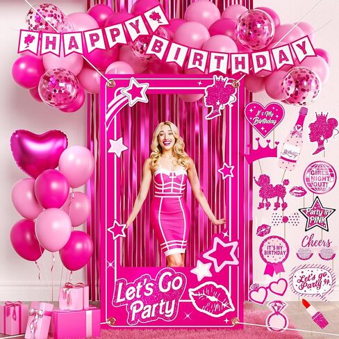 Hot Pink Birthday decorations Party Supplies,Photo Booth Props for Girls,Pink Fringe Backdrop,Pink Balloons for women in Kuwait