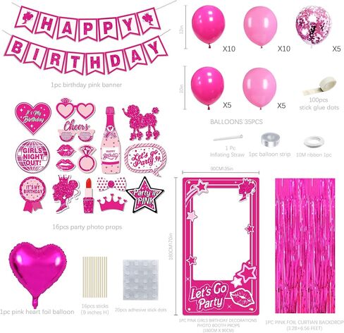 Hot Pink Birthday decorations Party Supplies,Photo Booth Props for Girls,Pink Fringe Backdrop,Pink Balloons for women in Kuwait