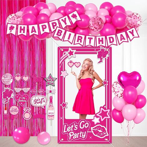 Hot Pink Birthday decorations Party Supplies,Photo Booth Props for Girls,Pink Fringe Backdrop,Pink Balloons for women in Kuwait