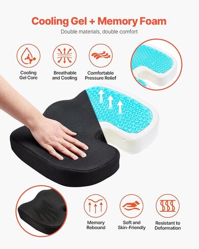VEVOR Seat Cushion, Cooling Gel + Memory Foam Seat Cushion, Pressure-Relief Wheelchair Seat Pad with U-Shaped Cutout & Removable Cover, Lightweight and Portable for Travel, Car, Office, Airplane in Kuwait