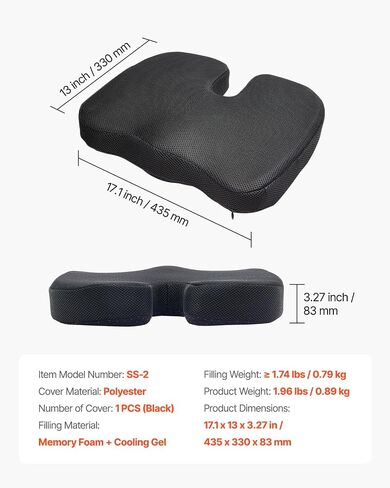 VEVOR Seat Cushion, Cooling Gel + Memory Foam Seat Cushion, Pressure-Relief Wheelchair Seat Pad with U-Shaped Cutout & Removable Cover, Lightweight and Portable for Travel, Car, Office, Airplane in Kuwait