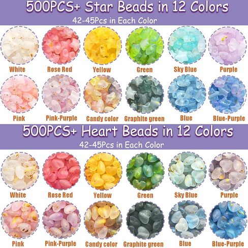 1000Pcs Matte Acrylic Star Beads Hart Beads for Jewelry Making Frosted Gold Foil Acrylic Beads Pastel Beads Colorful Assorted Bead Cute Aesthetic Kawaii Bead for Bracelet DIY Craft Earring Phone Charm in Saudi Arabia