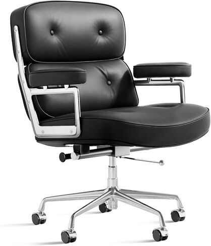 Genuine Leather Executive Chair Mid Back Office Desk Chair Aluminum Alloy Frame Thick Plush Cushion Lumbar Support Swivel Office Chair with Quiet Wheels Reclining Home Business Chairs - Black in Saudi Arabia