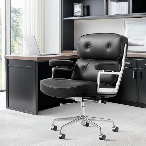 Genuine Leather Executive Chair Mid Back Office Desk Chair Aluminum Alloy Frame Thick Plush Cushion Lumbar Support Swivel Office Chair with Quiet Wheels Reclining Home Business Chairs - Black in Saudi Arabia