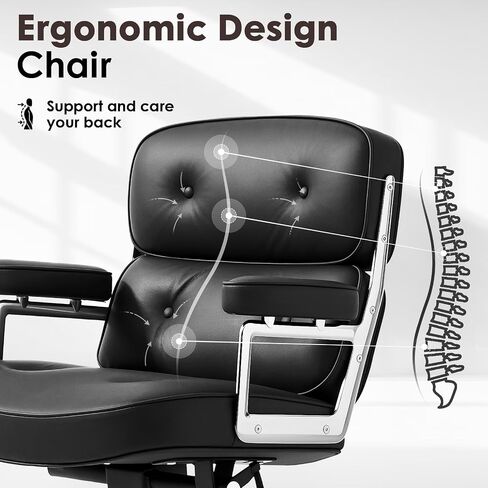 Genuine Leather Executive Chair Mid Back Office Desk Chair Aluminum Alloy Frame Thick Plush Cushion Lumbar Support Swivel Office Chair with Quiet Wheels Reclining Home Business Chairs - Black in Saudi Arabia