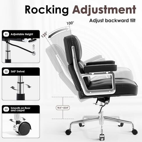 Genuine Leather Executive Chair Mid Back Office Desk Chair Aluminum Alloy Frame Thick Plush Cushion Lumbar Support Swivel Office Chair with Quiet Wheels Reclining Home Business Chairs - Black in Saudi Arabia