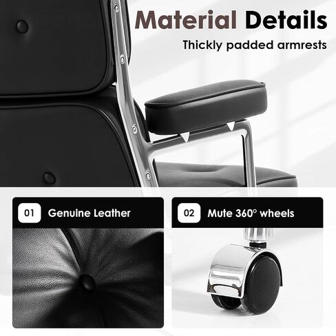 Genuine Leather Executive Chair Mid Back Office Desk Chair Aluminum Alloy Frame Thick Plush Cushion Lumbar Support Swivel Office Chair with Quiet Wheels Reclining Home Business Chairs - Black in Saudi Arabia