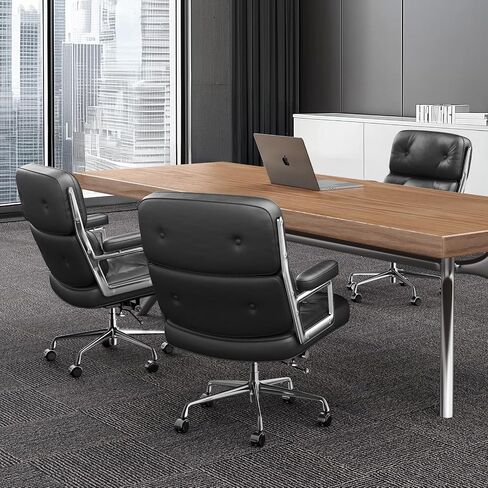 Genuine Leather Executive Chair Mid Back Office Desk Chair Aluminum Alloy Frame Thick Plush Cushion Lumbar Support Swivel Office Chair with Quiet Wheels Reclining Home Business Chairs - Black in Saudi Arabia