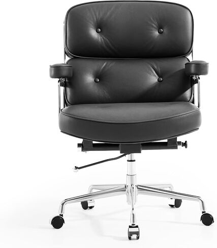Genuine Leather Executive Chair Mid Back Office Desk Chair Aluminum Alloy Frame Thick Plush Cushion Lumbar Support Swivel Office Chair with Quiet Wheels Reclining Home Business Chairs - Black in Saudi Arabia