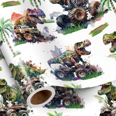 RUSPEPA Dinosaur Wrapping Paper Roll for Kids Boys, Mini Roll, Watercolor T-Rex and Monster Truck Gift Wrap Paper for Birthday, Dino Party, Adventure Celebration, 17 Inches X 16.4 Feet in Saudi Arabia