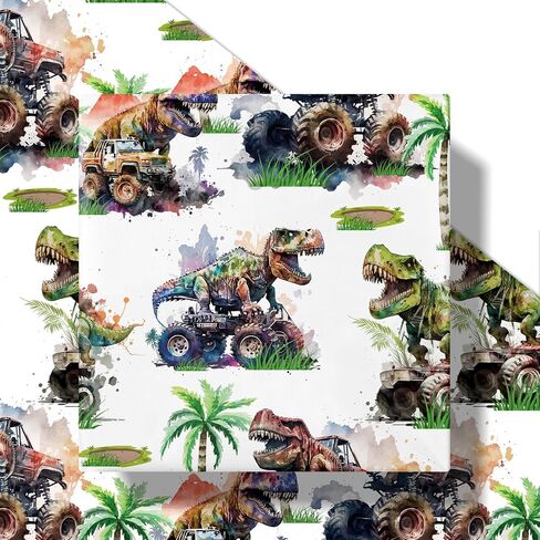 RUSPEPA Dinosaur Wrapping Paper Roll for Kids Boys, Mini Roll, Watercolor T-Rex and Monster Truck Gift Wrap Paper for Birthday, Dino Party, Adventure Celebration, 17 Inches X 16.4 Feet in Saudi Arabia