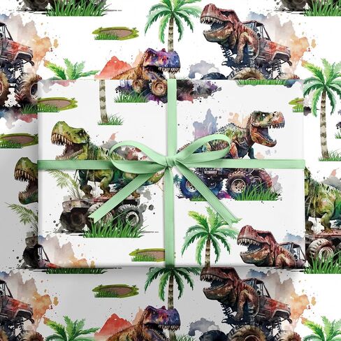RUSPEPA Dinosaur Wrapping Paper Roll for Kids Boys, Mini Roll, Watercolor T-Rex and Monster Truck Gift Wrap Paper for Birthday, Dino Party, Adventure Celebration, 17 Inches X 16.4 Feet in Saudi Arabia