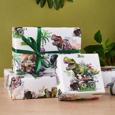 RUSPEPA Dinosaur Wrapping Paper Roll for Kids Boys, Mini Roll, Watercolor T-Rex and Monster Truck Gift Wrap Paper for Birthday, Dino Party, Adventure Celebration, 17 Inches X 16.4 Feet in Saudi Arabia