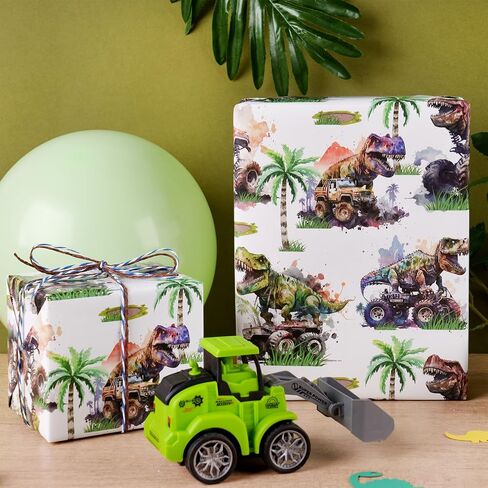 RUSPEPA Dinosaur Wrapping Paper Roll for Kids Boys, Mini Roll, Watercolor T-Rex and Monster Truck Gift Wrap Paper for Birthday, Dino Party, Adventure Celebration, 17 Inches X 16.4 Feet in Saudi Arabia