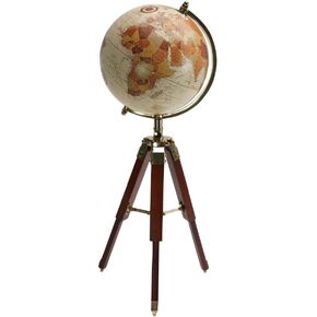 Cream & Brown Globe Decor on Wooden Tripod Stand, 23″ – Decorative Vintage-Style World Map Sphere with Brass Accents for Office, Living Room, Study & Library