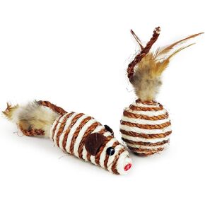 Cat Toys Set with Paper Rope & Feathers Ball and Mouse - 2 Pack, Interactive Toys for Indoor Cats,Kittens