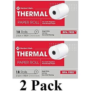 Thermal Receipt Paper Rolls, 3 1/8 X 190', 18 Rolls (2 Pack)