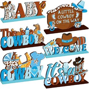 6 Pcs Cowboy Baby Shower Decorations Wooden Western Centerpieces for Tables with Base Little Cowboy Decorations Wild Western Party Decoration Table Topper Supplies for Rodeo Birthday Party