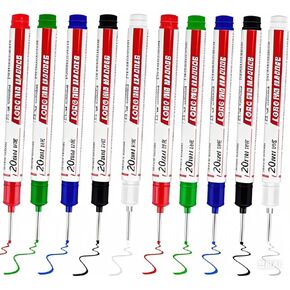 10 Pack Deep Hole Marker Pens (20 mm Long Nib) – Waterproof & Quick-Dry Colorful Carpenter Marker for Deep Drill Holes, Woodworking, Metal, Glass & Plastic (5 Colors)