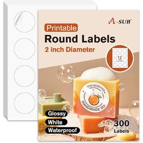 A-SUB 2 Inch Round Label Stickers for Inkjet or Laser Printer, Waterproof Glossy White, 300 Printable Circle Stickers for Custom Logo, Thank You Labels