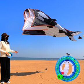 83" Huge 3D Orcas Kites for Adults & Kids with 8-inch Dia Kite Reel and Tail, Frameless Soft Whale, Giant Single-line Beach Kite for Adults and Teenagers
