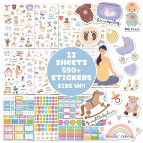 Baby Scrapbook Supplies - Baby Scrapbook Stickers - 12 Sheets/590+ Sticker - 6.7" x 9.5" - New Pregnancy & Baby's First Year Planner Sticker for Scrapbooking - Pregnancy Stickers for Scrapbooking