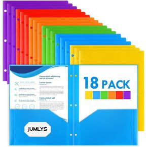18 Pack 2 Pocket Folders with 3 Holes Punch, Plastic Folder for 3 Ring Binder, Heavy Duty Folders with Pockets for Letter Size Paper, Multicolor Folders for School and Office