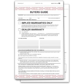 2 Part Dealer Buyers Guide Form, English Format - Implied Warranty - No Dealer Warranty Dealer Warranty Dealership Car Lot New Used Vehicle