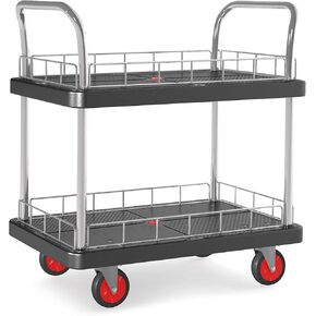 Utility Service Cart 2 Shelf - 880lbs Capacity Heavy-Duty Plastic Rolling Utility Carts with 5 of 360° Swivel Wheels and Handle, Large Service Cart for Groceries, Warehouse,Garage 43.5''x25.6''