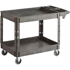 2 Shelf Rolling Cart 46"x25" with Handle, Heavy-Duty Commercial Work Utility Cart, Service Tool Compartments, Movable Storage Trolley Organizer for Warehouse, Garage, Restaurant, Cleaning, Black