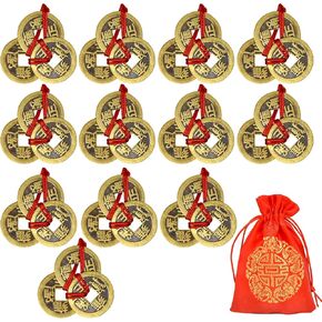 3 PCS Ancient Chinese Fortune Brass Coins Fengshui I-Ching Coins with Red String Traditional Pendant Decoration for Wealth and Success +Red Blessing Bag