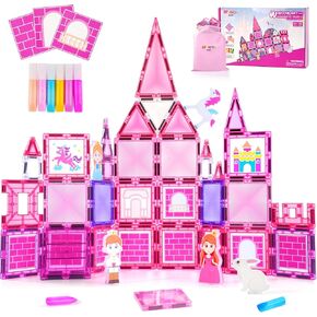 Diamond Magnetic Tiles Building Blocks – Princess Castle Pretend Play Toys with DIY Painting Set and Stickers for Kids 4 5 6 7 8 Year Old STEM Educational Birthday for Girls Boy