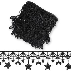 3 Yards Black Embroidered Lace Trim, Vintage Moon and Star Lace Fabric Ribbon for DIY Sewing Crafts Home Decor Gift Wrapping Wedding Applique
