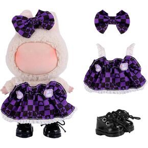 3-Piece Clothes for 17cm Doll Clothes Set & Outfit-Light Blue Gingham Plaid Dress + Butterfly Clip + Versatile Black Glossy Shoes，no Doll Included
