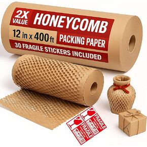 12" x 400ft Honeycomb Packing Paper Roll with 30 Fragile Stickers – Eco-Friendly Honey Comb Packing Paper for Wrapping Fragile Items – Honeycomb Paper Packing Material for Moving, Shipping & More