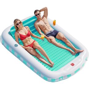QPAU Inflatable Tanning Pool Float for Adults, 82" x 60" XL Sun Lounger with Removable Pillow, Footrest, Cup Holders, Cushion Base, Durable PVC, for Pool, Patio, Garden, Lake Use