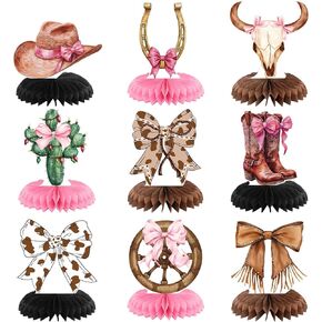 9 Pcs Cowgirl Party Decorations for Table Boots or Bows Western Pink Cowgirl Honeycomb Centerpieces Coquette Rodeo Western Decor for Baby Shower Bachelorette Birthday