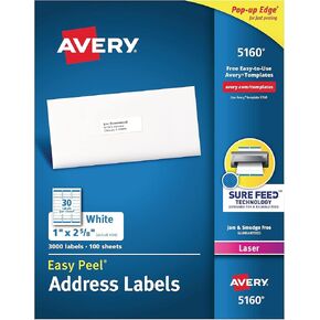 Avery Easy Peel Laser Labels, 1" X 2-5/8", White, 3000 Labels/Box (5160)
