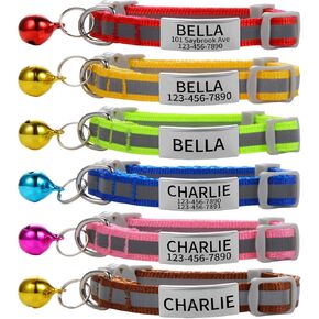 Custom Breakaway Cat Collars with Bell - Engraved Stainless Steel No Noise Slide-On Identification Tags On Collar - Up to 3 Lines of Personalized Text (Polka Dot Print)