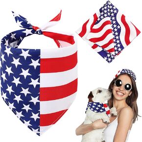 4th of July Dog Bandana & Matching American Flag Headband Set Patriotic Puppy Bandanas Women and Men Head Scarf Scarf for Dog and Owner Matching Small Medium Puppy