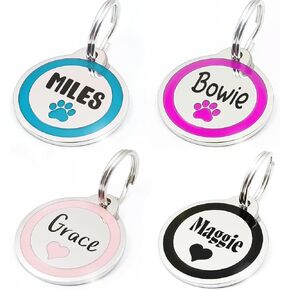 Personalized Pet ID Tags with Heart and Paw Print Design, Round Stainless Steel Cat and Dog Tags, Custom Name Tags