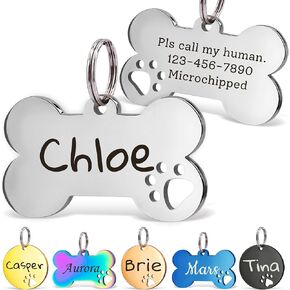 Anavia Paw Print Pet ID Tags, S/M/L Personalized Color Plated Stainless Steel Cat Dog Tags, Customized Engraved Glossy Dog Name Tag Pet Collar Tag (Blue, Bone-Medium)