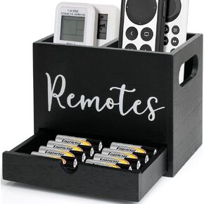 Remote Control Holder, 2 Slot TV Remote Holder& Desk Organizer with Drawers, Remote Organizer Caddy for Table, Wooden Remote Box for Nightstand,Media Storage Box for Living Room, Bed (Black)