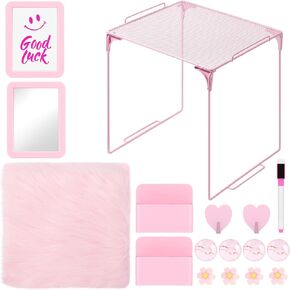 MoKo 17 Pcs Pink Locker Accessories for Girls, Cute Locker Accessories Kit with Mesh Shelf, Magnetic Dry Erase Board, Mirror, Marker Holder, Marker, Plush Rug, Magnets, Lockers Decor for School & Work