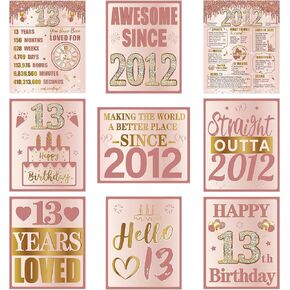 Sweet 13th Birthday Decorations for Girls, 9Pcs Pink Rose Gold 2012 Birthday Banner Signs for Walls Doors Windows Yard Garden Party Supplies, 13 Years Old Bday Table Toppers Photo Props Decor