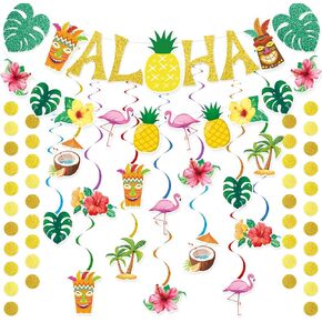 Pre-Strung Hawaiian Aloha Party Banner Decorations, Large Luau Tiki Tropical Party Decorations for Summer Beach Birthday Party Supplies