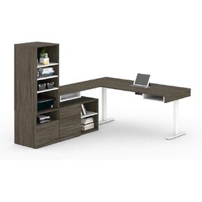 Bestar Viva L-Shaped Standing Desk with Credenza and Shelving Unit, 72W, Walnut Grey & White